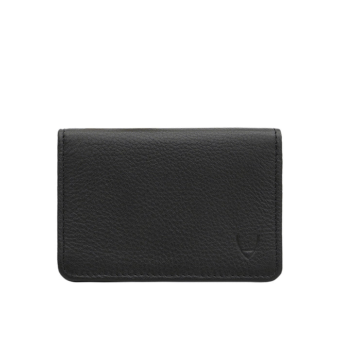 Black leather card holder wallet by Hidesign with clean stitching, slim profile, and premium finish.