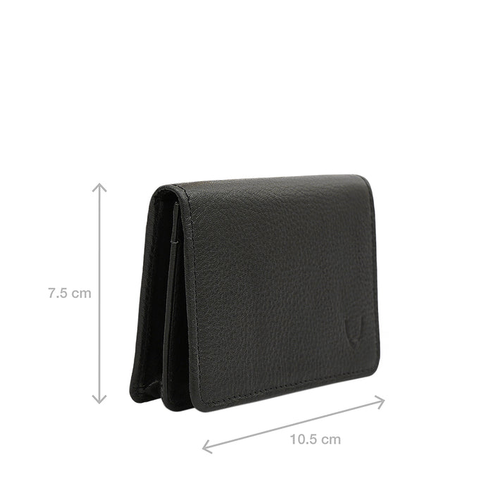 Black leather card holder wallet by Hidesign with 10.5 x 7.5 cm size, slim fold design for daily use