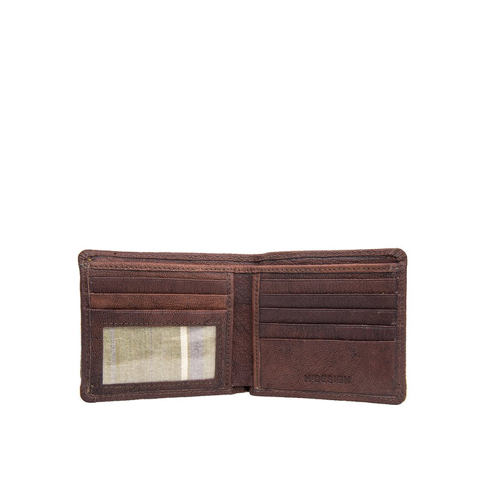 Featuring brown Ranchero leather bifold wallet with ID window, multiple card slots and cash section.