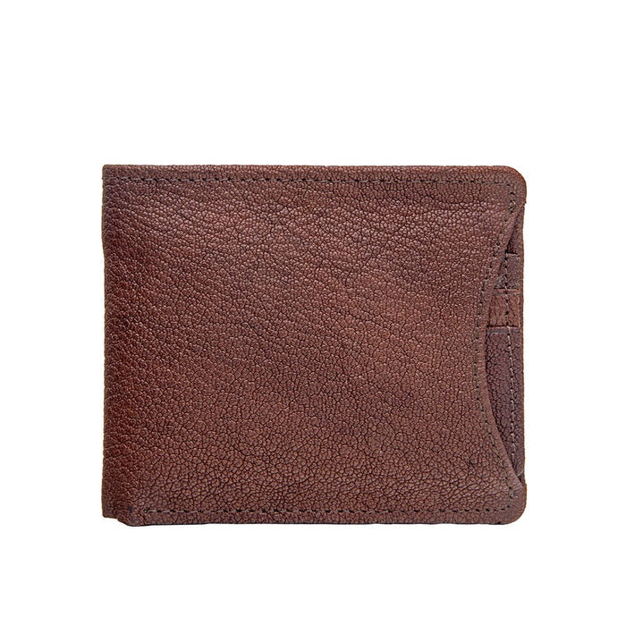 Displaying a brown Ranchero leather bifold wallet with a slim profile & exterior card pocket detail.