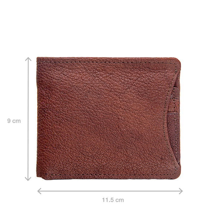 Sized 11.5 cm by 9 cm, brown Ranchero leather bifold wallet with slim profile and exterior pocket.