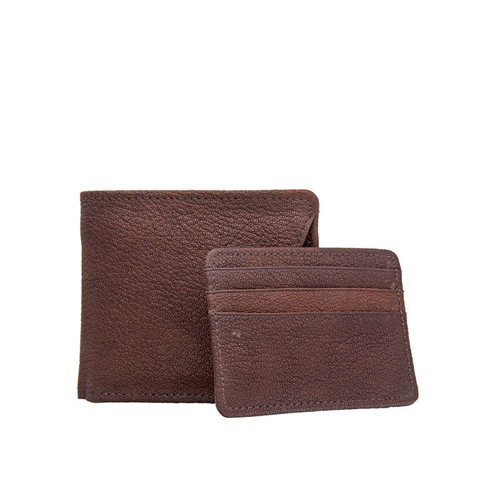 Paired brown Ranchero leather bifold wallet for men with matching card holder for everyday carry.