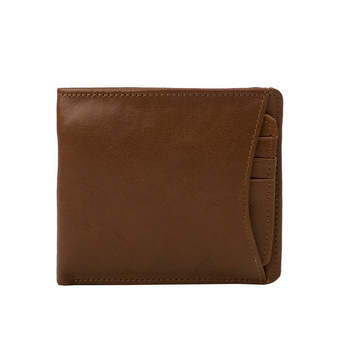 Crafted tan Ranchero leather bifold wallet with exterior card pocket and slim design for daily use.