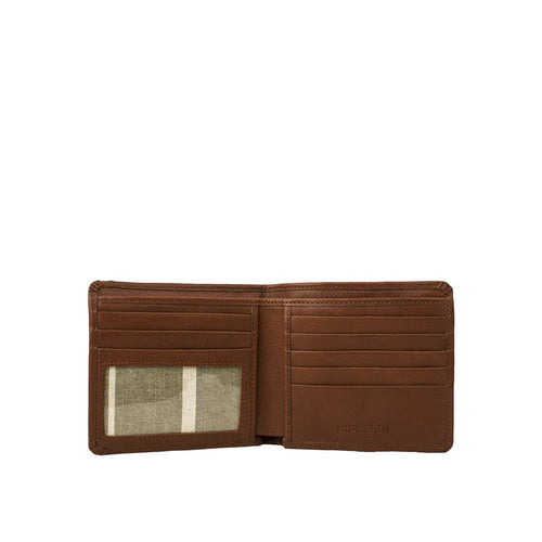Opening tan Ranchero leather bifold wallet with ID window, multiple card slots and cash compartment.