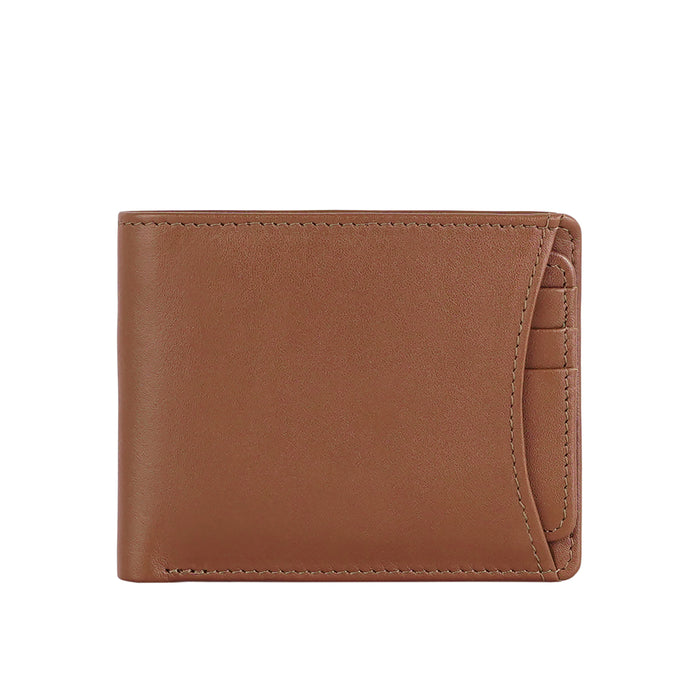 Designed in smooth tan leather, the RF bifold wallet features an exterior card pocket & sleek view.