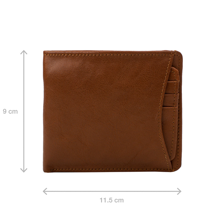 Measured at 11.5 x 9 cm, tan Ranchero leather bifold wallet with slim profile and outer card pocket.