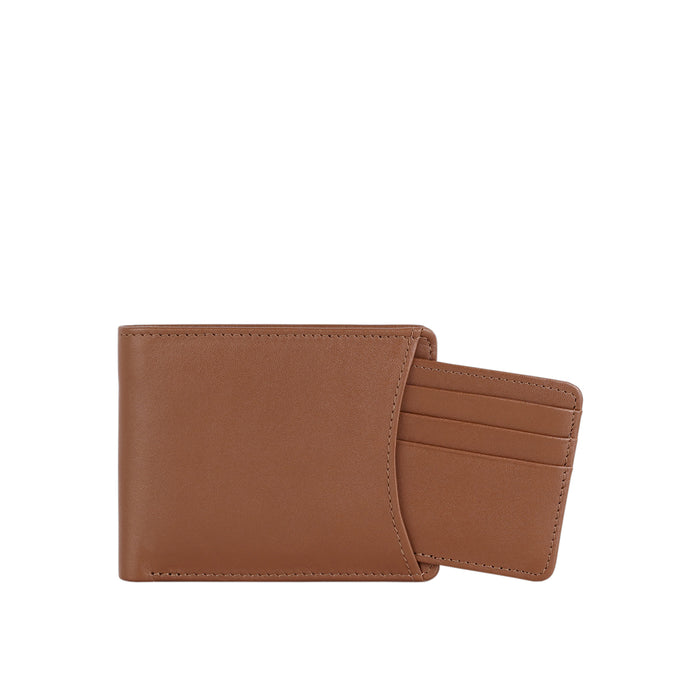 Showcasing a tan leather bi-fold wallet with a detachable card holder on a white background display.