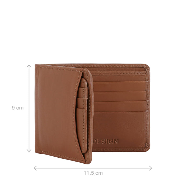 Angled view of a tan leather bi-fold wallet with a detachable card holder; 9 x 11.5 cm dimensions.