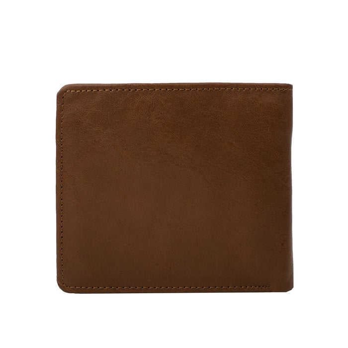 Showcasing a tan Ranchero leather bifold wallet with a smooth back panel and a minimalist finish.