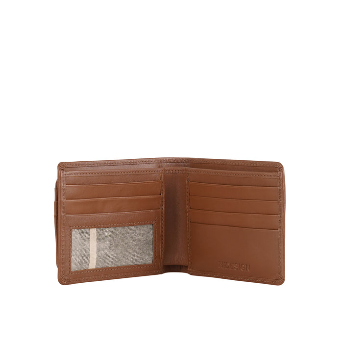 Opened tan leather bi-fold wallet displaying ID window, various card slots, cash section inside out.