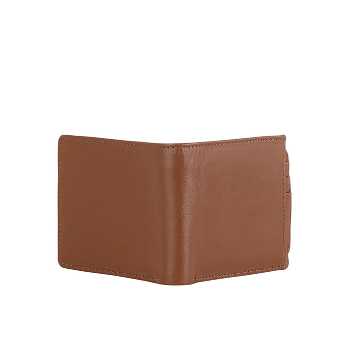 Crafted tan leather bi-fold wallet with smooth finish, open silhouette, and clean stitched edges.