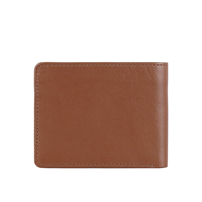 Featuring a smooth tan leather bi-fold wallet with refined stitching and sleek outer finish details.