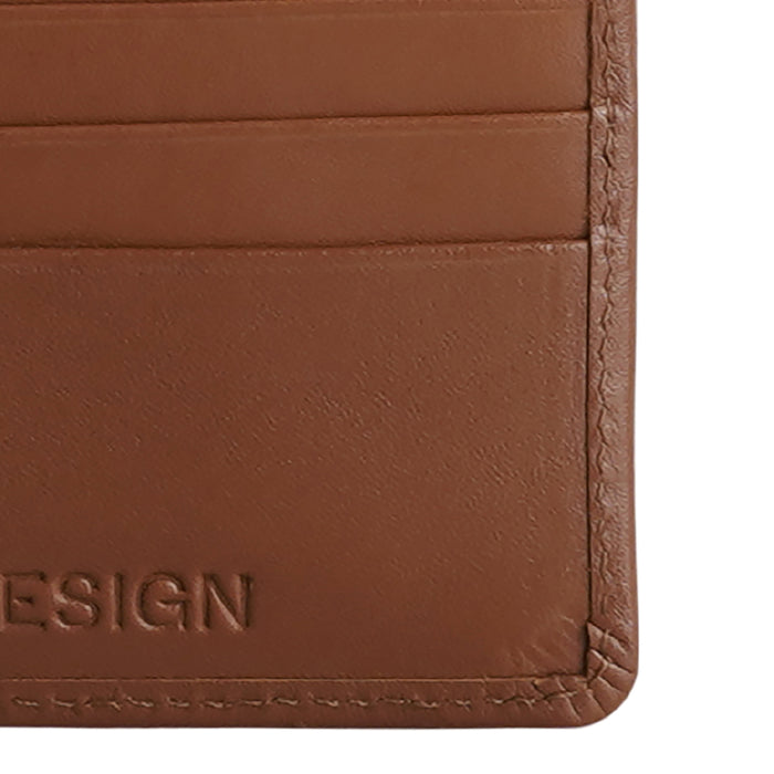 Detailed tan leather card slots with embossed logo and finely stitched rounded edge finish details.