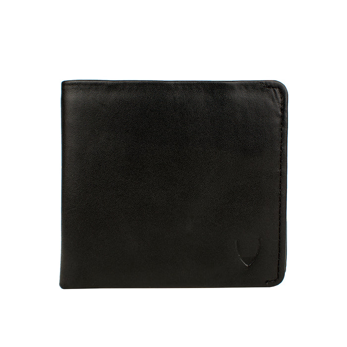 Showcasing a black leather bi-fold wallet with a subtle embossed logo and a refined everyday design.