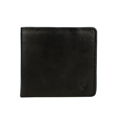 Showcasing a black leather bi-fold wallet with a subtle embossed logo and a refined everyday design.
