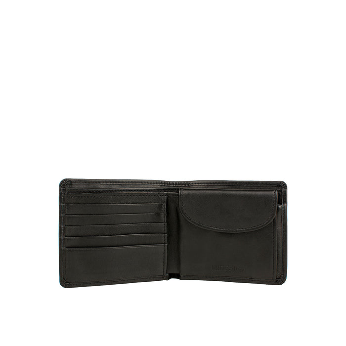 Inside open black bi-fold wallet with card slots, coin pocket, and cash compartment for daily use.