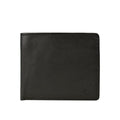 Black leather bifold wallet with smooth surface, minimal stitching & a subtle embossed corner logo.