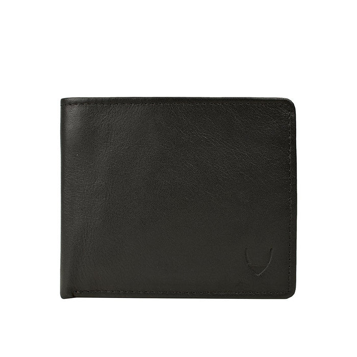 Black leather bifold wallet with smooth surface, minimal stitching & a subtle embossed corner logo.