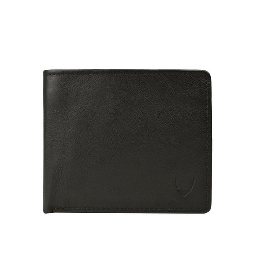 Black leather bifold wallet with smooth surface, minimal stitching & a subtle embossed corner logo.