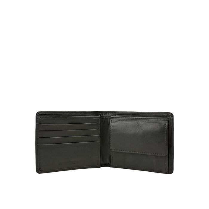 Open black leather bi-fold wallet with multiple card slots and coin pocket, showing Hidesign detail.
