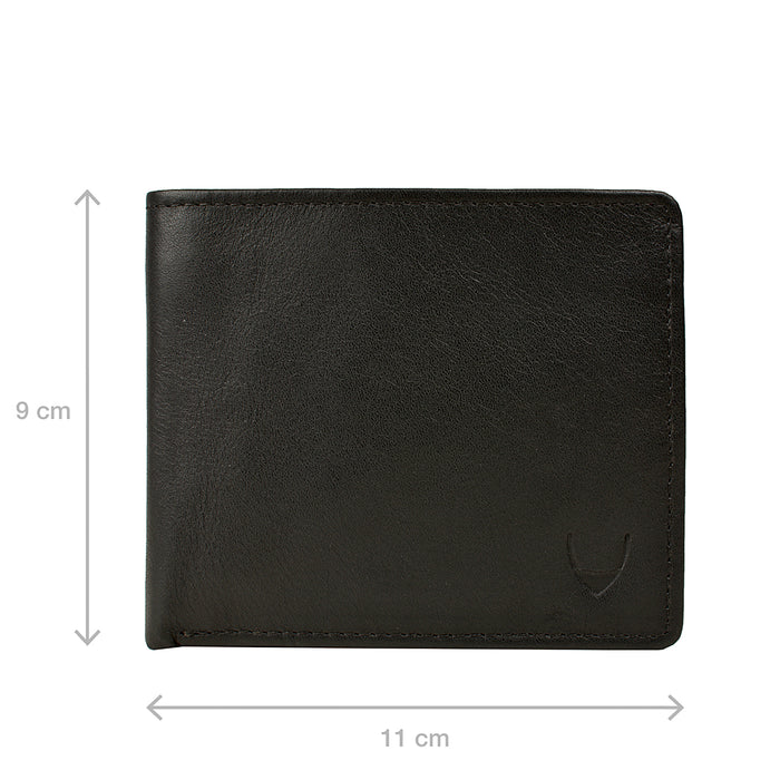 Black leather bi-fold wallet with 11 by 9 cm dimensions and embossed Hidesign logo on front panel.