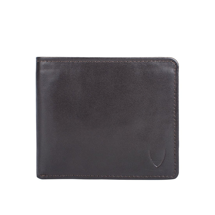 Brown leather bi-fold wallet with embossed Hidesign logo, clean stitching, & classic minimalist look.