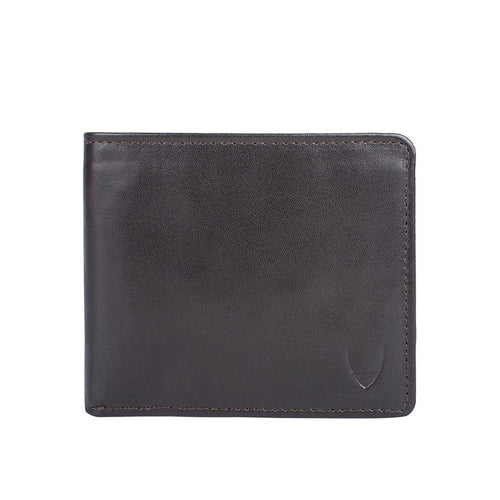 Brown leather bi-fold wallet with embossed Hidesign logo, clean stitching, & classic minimalist look.