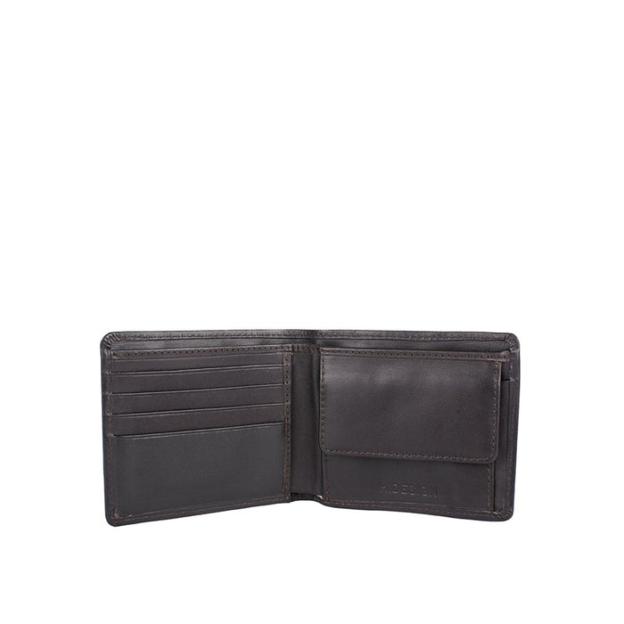 Open brown leather bi-fold wallet displaying card slots and coin pocket with a fine Hidesign finish.