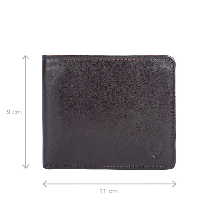 Brown leather bi-fold wallet with 11 by 9 cm dimensions and embossed Hidesign logo on front panel.