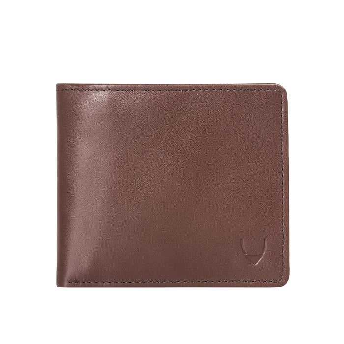 Tan leather bi-fold wallet with embossed Hidesign logo, fine stitching & smooth finish on the front.