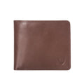 Tan leather bi-fold wallet with embossed Hidesign logo, fine stitching & smooth finish on the front.