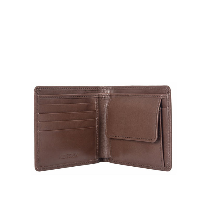 Open tan leather bi-fold wallet showing card slots and coin pocket with fine Hidesign craftsmanship.