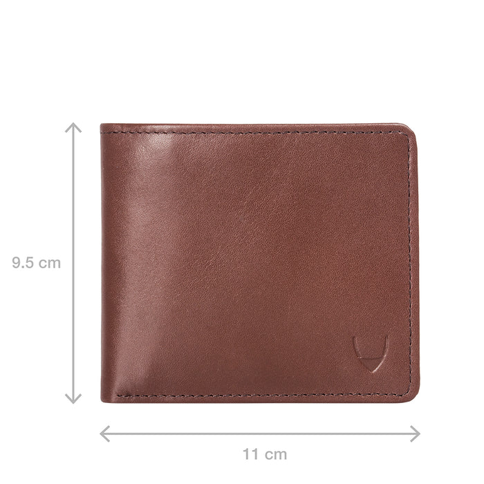 Tan leather bi-fold wallet with 11 by 9.5 cm size markings, highlighting slim profile & neat edges.