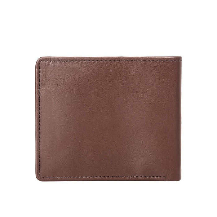 Back view of a tan leather bi-fold wallet, showing a smooth finish, clean stitching, & slim profile.