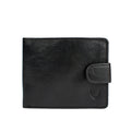 Closed black leather bi-ranch fold wallet by Hidesign with snap closure and minimalist sleek finish.