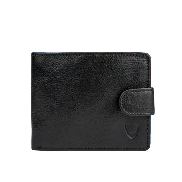 Closed black leather bi-ranch fold wallet by Hidesign with snap closure and minimalist sleek finish.
