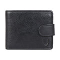 Black leather bi-fold wallet from Hidesign with textured finish, secure flap closure & logo detail.
