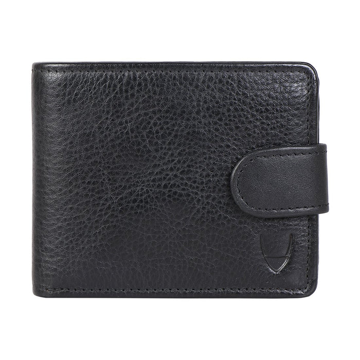 Black leather bi-fold wallet from Hidesign with textured finish, secure flap closure & logo detail.