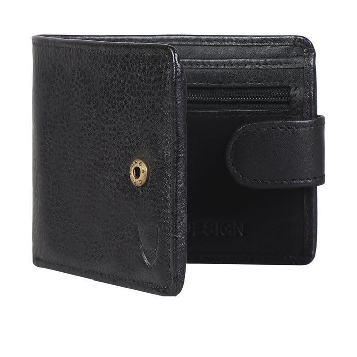 Open black leather bi-fold Hidesign wallet, with card slots, zip pocket, snap closure & logo detail.