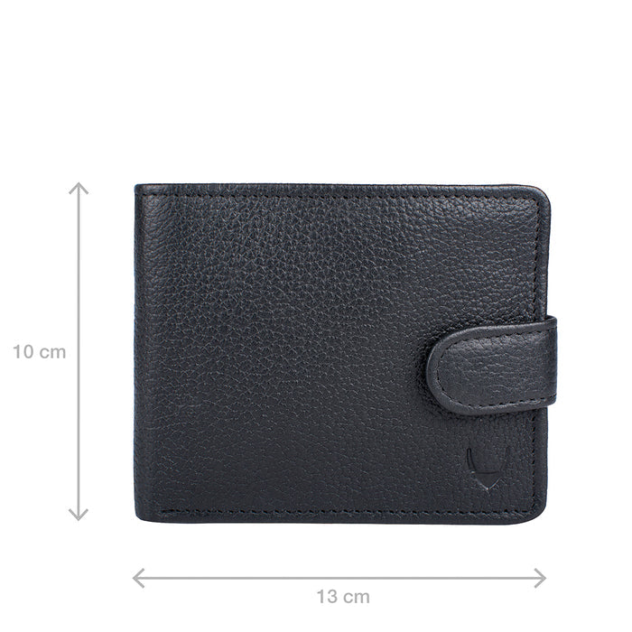 Black bi-fold leather wallet by Hidesign with snap closure shown with 13 cm width and 10 cm height.