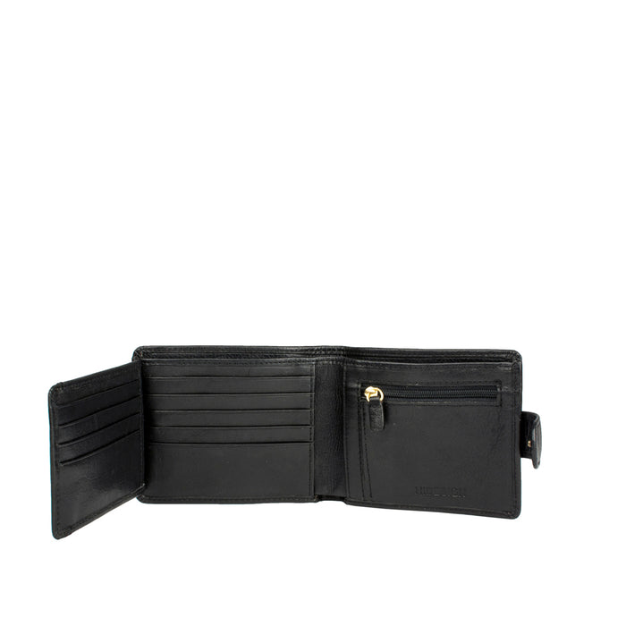 Open black bi-ranch fold leather wallet by Hidesign showing card slots, coin pocket, and ID window.