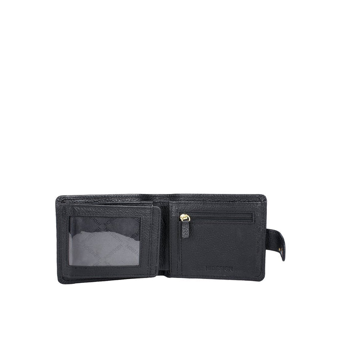 Open black bi-fold leather wallet by Hidesign featuring a clear ID window & zip coin pocket details.