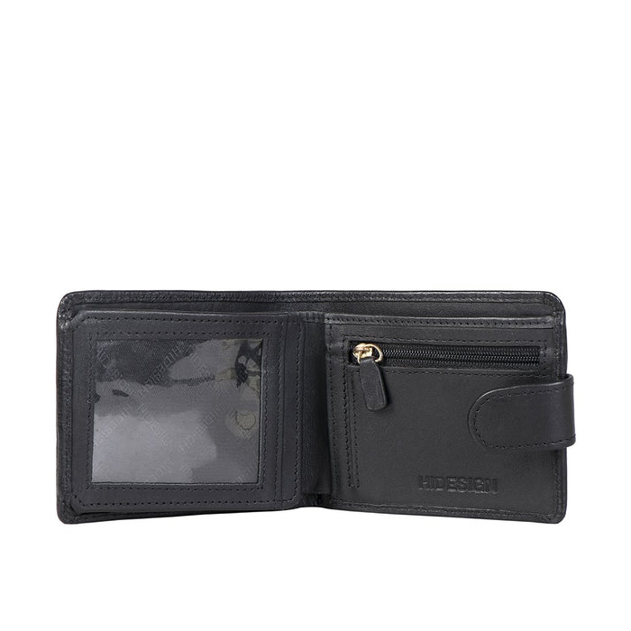Interior view of a black leather Hidesign bi-fold wallet with ID window, zip pocket and card slots.