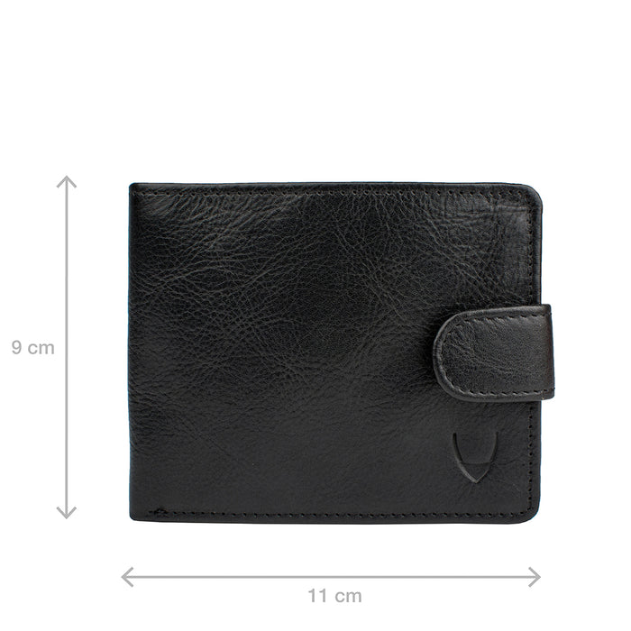 Black bi-ranch fold leather wallet by Hidesign with snap closure, shown with 9 x 11 cm measurements.