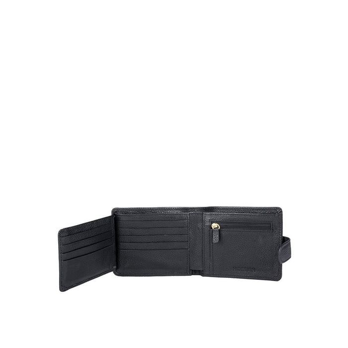 Open black bi-fold leather wallet, displaying multiple card slots and a secure zip coin pocket.