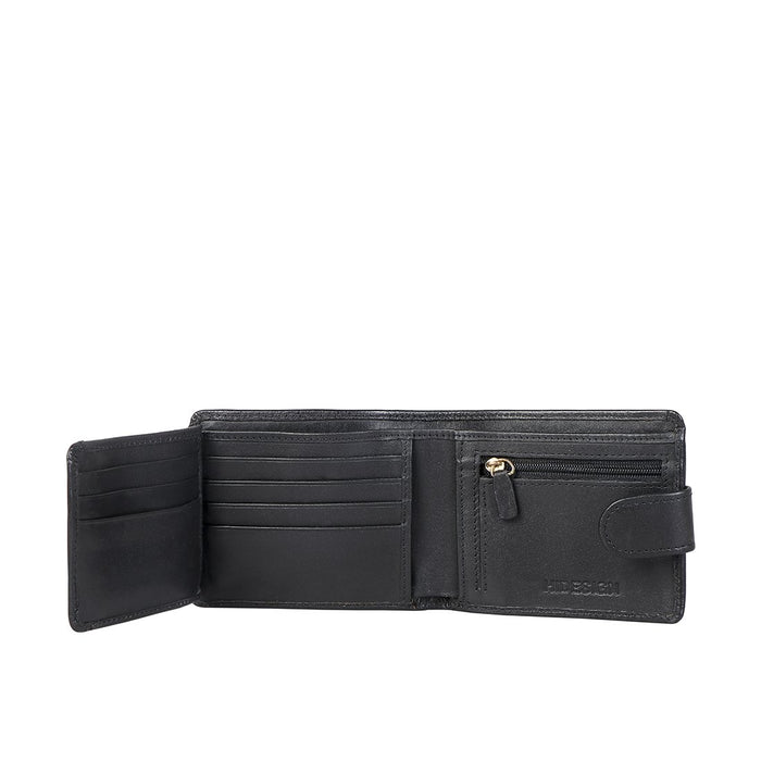 Open black leather wallet from Hidesign with multiple card slots, a coin pocket, and a sleek design.
