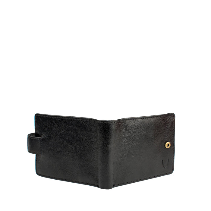 Angled view of black bi-ranch fold leather wallet by Hidesign highlighting snap closure and stitchin