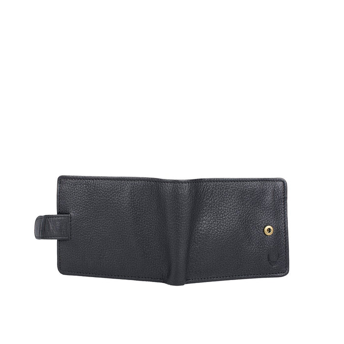 Open black leather bifold wallet by Hidesign with textured finish, snap button detail, & HD layout.