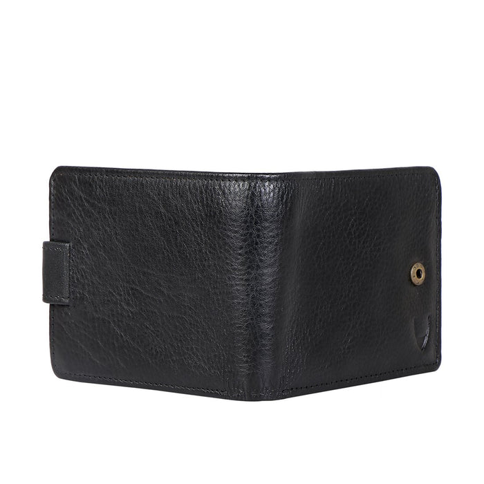 Partially open black leather wallet from Hidesign, back view displaying textured finish & snap clasp