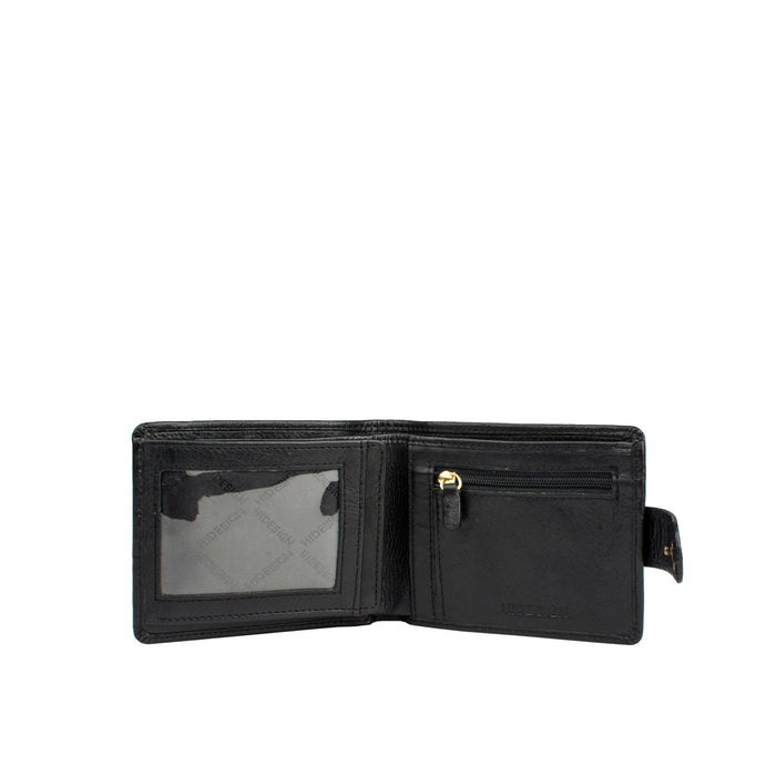 Open black bi-ranch fold leather wallet by Hidesign with clear ID window & zip coin pocket details.